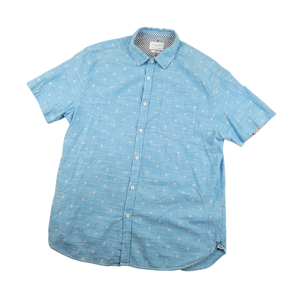 Cactus Man Ricky Singh Mens Button Up Shirt L Slim Fit Palm Tree AOP Blue White